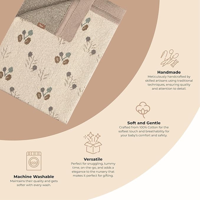 Crane Baby 100% Organic Cotton Knit Baby Blanket with Poppy Design, Soft Reversible Stroller and Crib Blanket, Gender Neutral Multicolor Bohemian