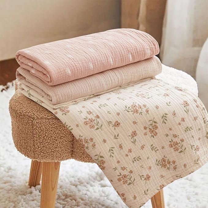 Konssy Muslin Swaddle Blankets for Baby Girls Boys, 3 Pack Receiving Blanket Large 47 x 47 inches, Soft Breathable Muslin Baby Blanket for Unisex Newborn (Peach Blossom Sun)