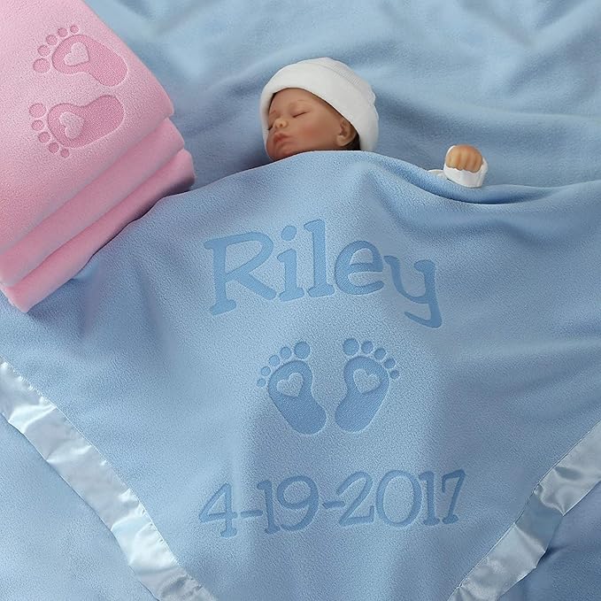 Custom Catch Personalized Newborn Gift Baby Blanket for Girl - Name with Infant Heart Feet Design - Pink or Blue (Multi-line Text)