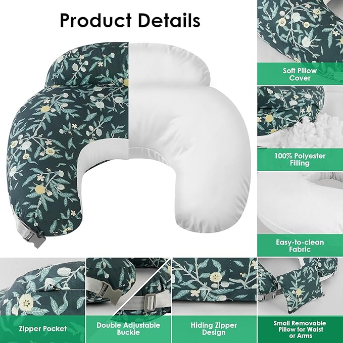 Nursing Pillow for Breastfeeding, Original Breastfeeding Pillows for Support Mom and Baby, Nursing Pillows with Adjustable Waist Strap, Pocket and Removable Soft Cover, Dark Green