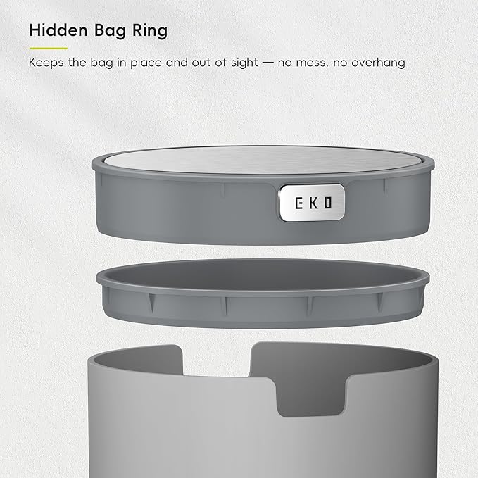 EKO Fandy 0.58 Gal/2.2L Mini Trash Can with Lid, Swing-Top Desktop Trash Can for Bathroom, Countertop, Vanity, Desk or Office, Small Garbage Bin (Grey)