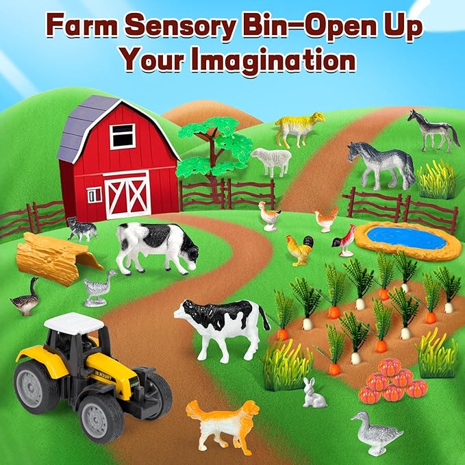 Sensory Bins Farm Animals Toys for Toddlers,Sensory Toys Play Sand Art Kit with Sandbox & Farm Animals & Tractor Playset,Indoor Outdoor Beach Toys for Boys Girls 3 4 5 6 7 Christmas Birthday Gift