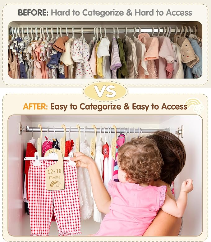 Baby Closet Dividers, Wooden Double Sided Nursery Clothes Size Separators for Newborn to 24 Months, Neutral, 7 Pcs