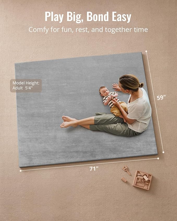 Blissful Diary Ultra Soft Baby Play Mat, 71x59 Extra Large Floor Mat with Removable & Washable Slip-On Cover for Babies and Toddlers, Light Grey