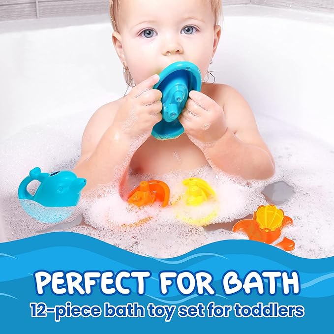 uToyz Bath Toys for Toddlers – Toddler Toys with 12pcs Rainbow Stacking Cups, Boats, & Dolphin-shaped Baby Watering Can, Baby Bath Gift & Toddler Toy for One Year Old Girl Gifts, Water Toy for Ages 1+