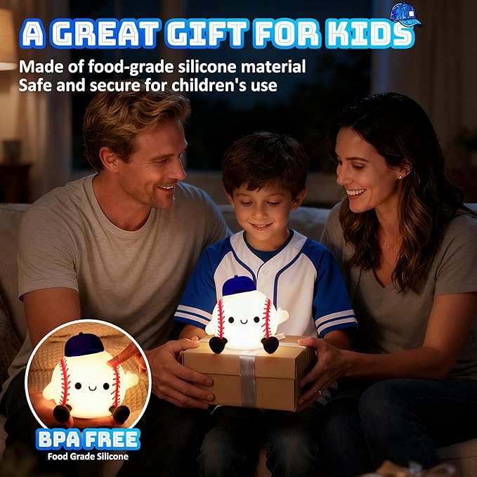 Lampeez Baseball Night Light, Soft Silicone Touch Lamp, Cute LED Nursery Nightlight & Bedroom Decor, Xmas Birthday Gift for Boys, Girls and Baseball Fans, Creates Soothing Glow for Bedtime