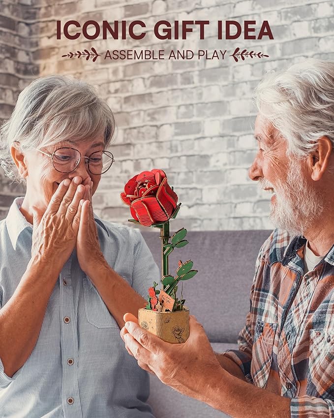 3D Flower Wooden Puzzles for Adults-Red Rose, DIY Wooden Flowers Model Kit Building Set Crafts for Adults to Build, Botanical Collection/Ideal Creative Gift Ideas/Housewarming (106PCS)