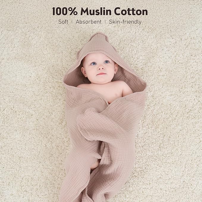 Susurration Hooded Baby Towels for Newborn 2 Pack 100% Muslin Cotton Towel for Babies，Highly Absorbent and Newborn Essential 30x30 Inch Cream&Sand