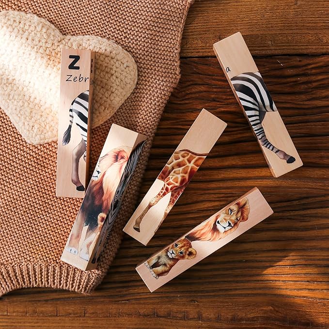 4 in 1 Wooden Animal Chunky Puzzle, 5 Solid Wood Puzzle Blocks with 4 Sides Realistic Safari Animals, Wooden Block Puzzle with Durable Base for Toddlers 3+ Years - Montessori Inspired