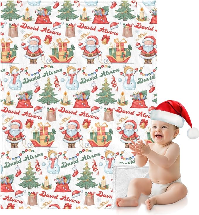 Ship Next Day - Custom Christmas Baby Blanket with Name | Multiple Styles Optional, Personalized Flannel Toddler Blanket, Christmas Swaddle for Boys & Girls, Xmas Decor Throw
