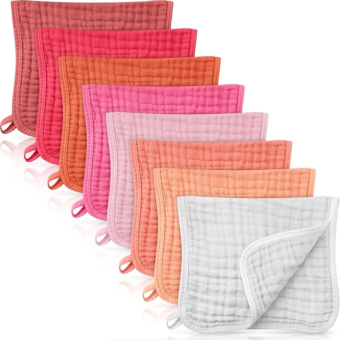 8 Packs Muslin Burp Cloths 6 Layers Unisex Baby Items Absorbent Burp Rags Colorful Muslin Washcloths for Baby Plain Soft Cotton Cloth for Babies Girls Boys, 10 x 20 Inch (Bright Colors)