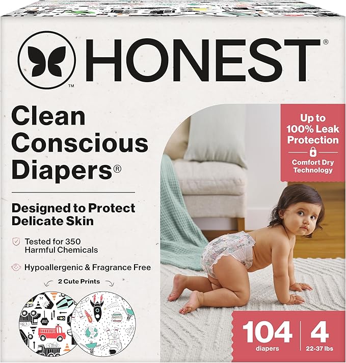 The Honest Company Clean Conscious Diapers for Delicate Skin, Up to 100% Leakproof Hypoallergenic Fragrance-Free Baby Diapers, Gender Neutral Prints, Super Club Box, Size 4 (22–37 lbs), 104 Count