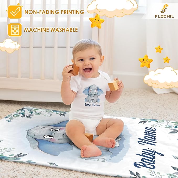 FLOCHIL Personalized Baby Blankets, Custom Baby Blanket - Baby Blanket with Name for Boys, Best Gift for Newborn Elephants Flush Fleece (30x40)