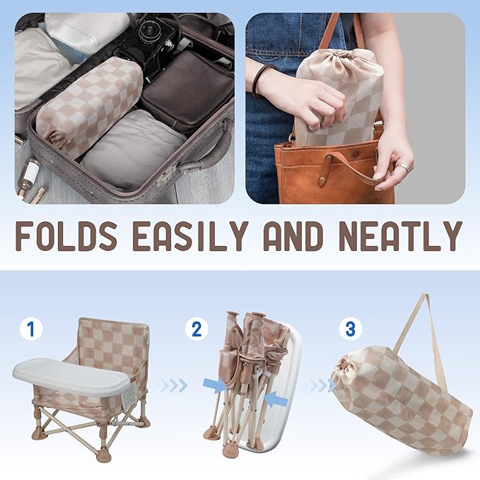 Tiny Marvels Portable 3-in-1 Baby Booster Seat, Cozy Floor Seat, Feeding Seat with Tray, Compact Foldable Toddler Booster with Child Safety Belt Carry Bag, Perfect for Travel (Sand Checker)