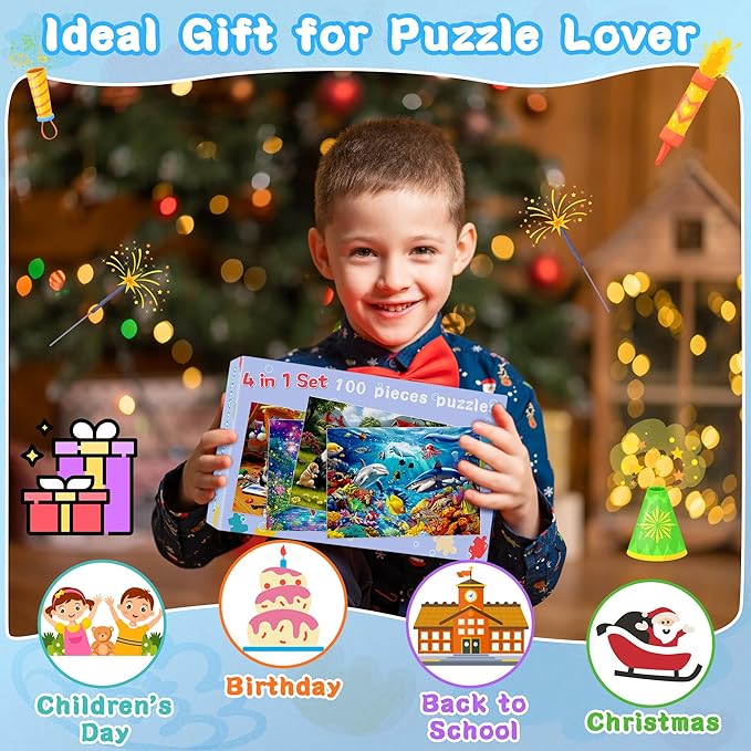 100 Piece Puzzles for Kids Ages 4-6, 4 in 1 Jigsaw Puzzles for Kids Ages 6-8, Sea World Cats Dogs Unicorn Learning Educational Children Puzzles 5-8 for Boys and Girls