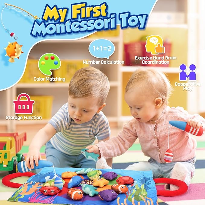 ZOOI Toddler Montessori Toys for 1-3 Year Old, 24PCS Cloth Fishing Game with Stacking Cups for Hand-Brain Coordination, Sensory Baby Toys 6-12 Months, 1-3 Year Old Girl Boy Birthday Gifts