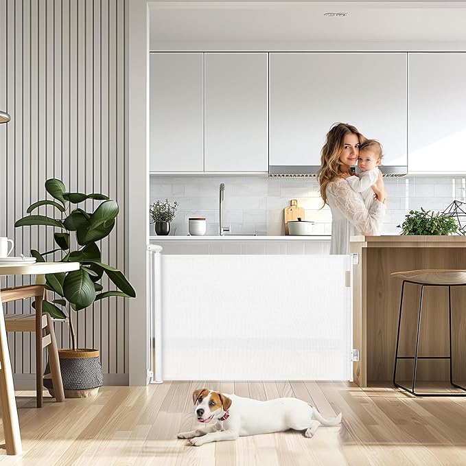 Retractable Baby Gates Extra Wide, 34" Tall Extends up to 55" Wide, Dog Gate Indoor for Stairs, Pet Gate with Support Rods for Doorways Hallways Indoor & Outdoor-White