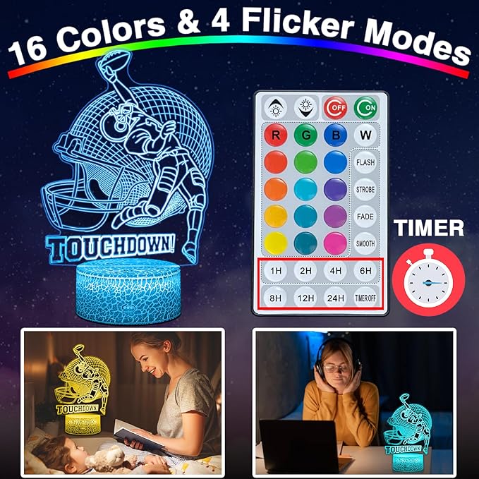 Football Lamp, 16 Colors Touchdown Night Light - Remote Control, Timer Tpye-C Dimmable, LED 3D Light Illusion, American Football Room Decor for Boys