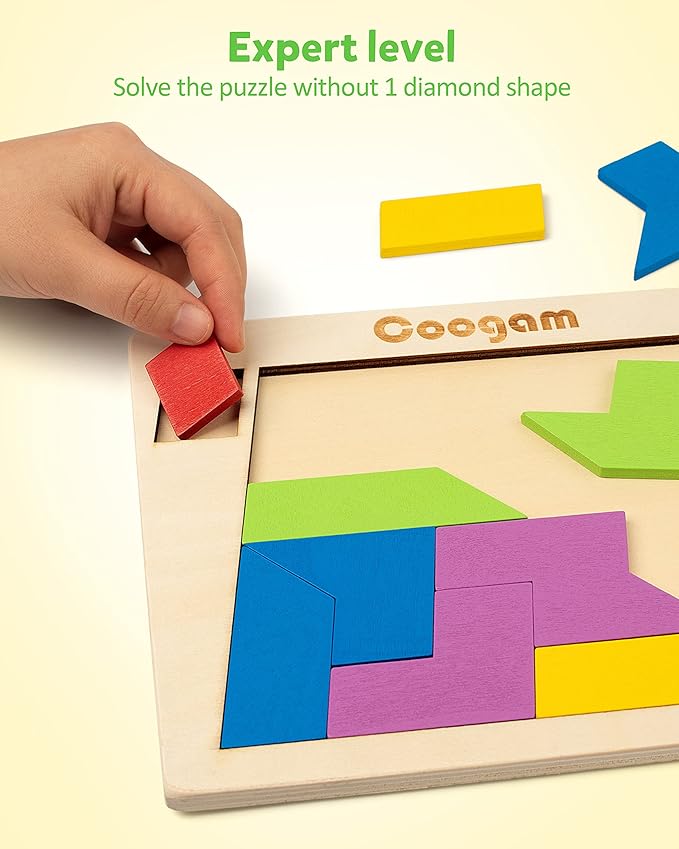 Coogam Wooden Puzzle Blocks Geometric Tangram Brain Teasers Jigsaw 3D Logic IQ Game Colorful Shape Pattern Montessori STEM Educational Toys Gift 60 Challenges for All Age