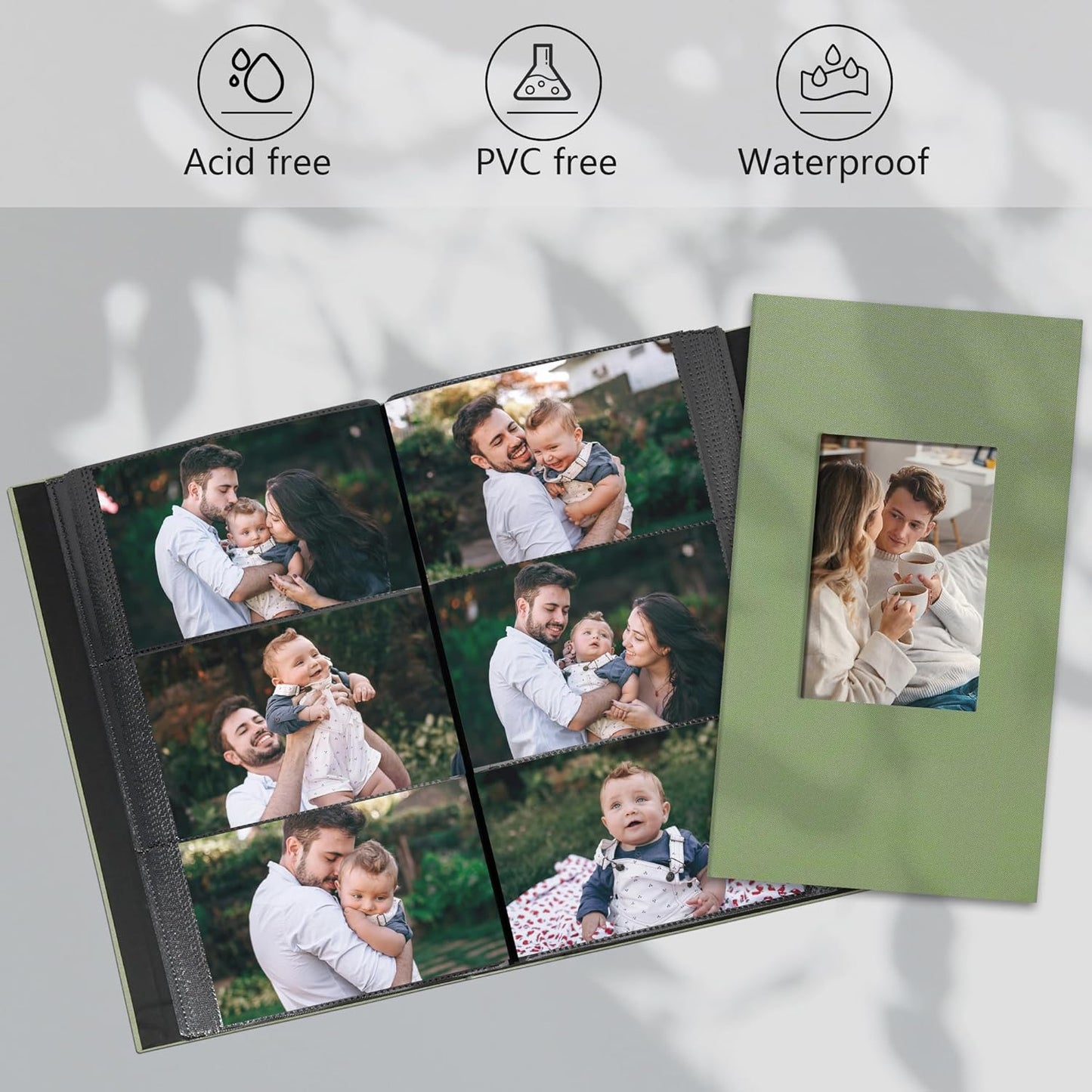 Photo Album 4x6 Pictrues 300 Pockets Linen Cover with Front Window Large Picture Book for Family Travel Wedding and Memory Keepsake Organizer Light Green