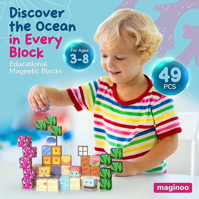 49PCS Mini Magnetic Blocks Ocean Theme – Sea Life STEM Building Cubes, Educational Magnet Toy with Iron Box, Creative & Safe Travel Gift for Kids Ages 3–8, Boys & Girls