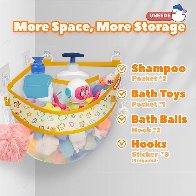 UNEEDE 4.32 Gallons Duck Print Corner Mounted Bath Toy Storage Holder, Yellow Mesh Shower Caddy for Bathtub Organizer, Quick Dry Holder