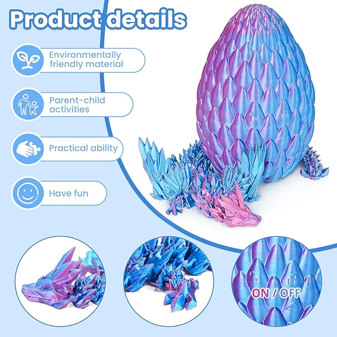 3D Printed Dragon Eggs with Articulated Fly Dragon Inside, Collectible Figurines Fidget Toy for Adults Kids Birthday Easter Christmas White Elephant Gifts for Friends Colleagues(Blue Pink, L Size)