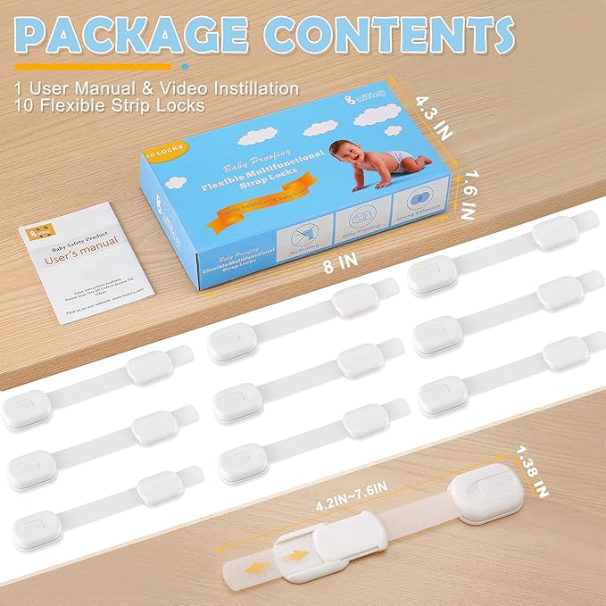 Baby Safety Strap Locks Child Safety Cabinet Proofing Child Proof Drawer Locks, Multi-Purpose Easy Install, White
