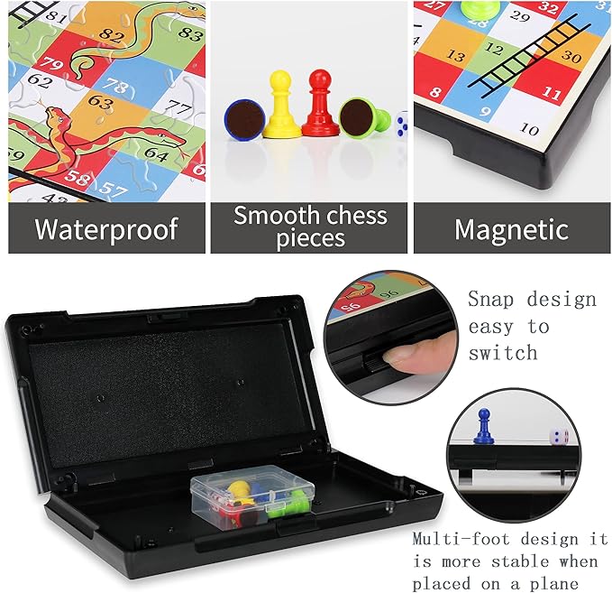 KIDAMI Magnetic Snakes and Ladders Game Set with Storage Box, Folding Design and Light-Weight, Gift for Kids and Adults (9.75 Inches)
