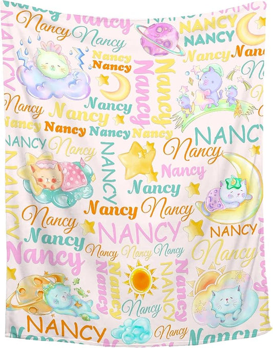 Personalized Baby Blanket for Girls Boys Cat Custom Baby Blanket with Name Swaddle Blanket for Toddlers Infants Kids Shower Newborns Nursery Stroller Crib Decor Throw Birthday Gift