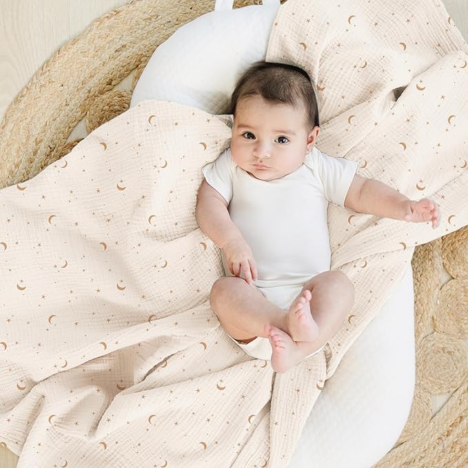 Konssy Muslin Swaddle Blankets for Girls Boys, 2 Pack Receiving Baby Blanket Large 47 x 47 inches, Soft Breathable Swaddling Wrap for Unisex Newborn (Coffee Check,Moon)