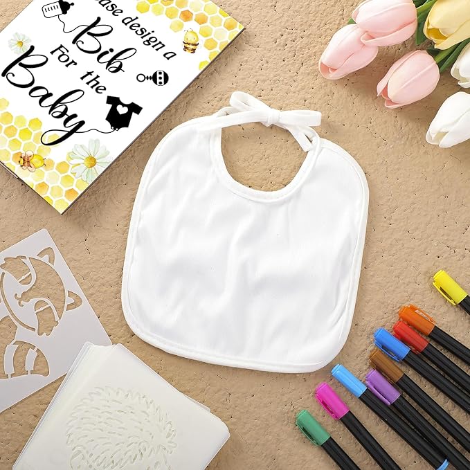 Newwiee 55 Pcs White Bibs for Baby Decorating Design a Bib Decorate Plain newborns Bibs Wooden Sign for Baby Shower Games Kit