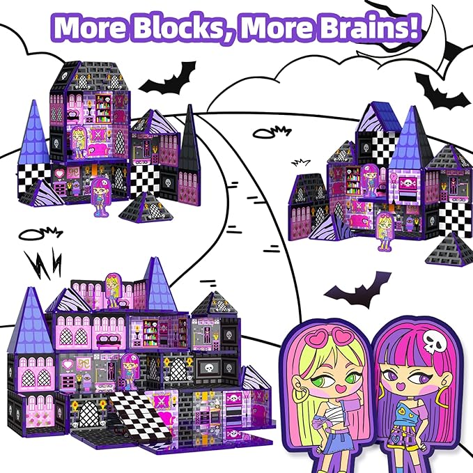 GobiDex Magnetic Tiles Doll House Building Toys, Monster Magnetic Blocks for Kids Ages 3-8,STEM Magnet Toys Birthday for 3+ Year Girls,Haunted Castle Playset