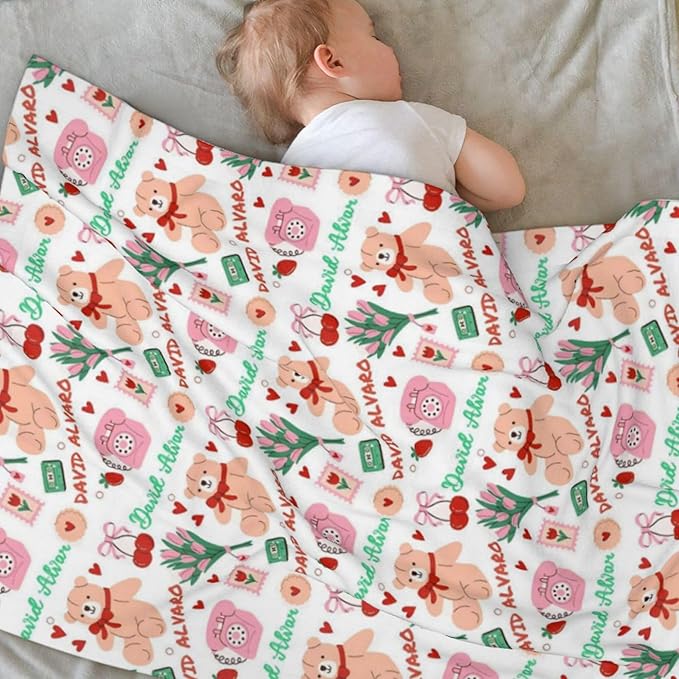Ship Next Day, Personalized Baby Blanket for Boys Girls - Printed in USA, Custom Name Toddler Blanket with Care Bear Pattern, Perfect Newborn Gift