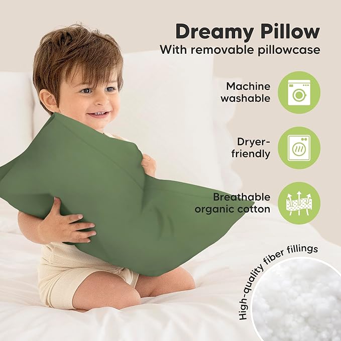 Toddler Pillow with Pillowcase - 13x18 My Little Dreamy Kids Travel Bed Pillows for Sleeping, Organic Cotton Small Pillowcase, Soft & Breathable, Machine Washable, Toddlers 2-5 years old(Jungle Green)