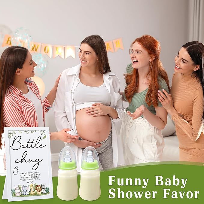 Roowest Bottle Chug Baby Shower Game Favors Including Safari Animals Theme Wooden Sign and 18 Pcs Baby Bottles for Gender Reveal Party Supplies