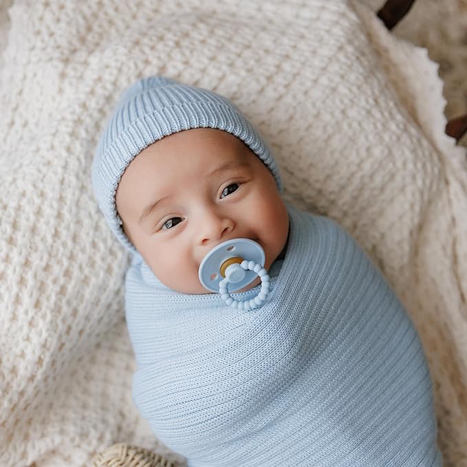 Luladream Pacifier and Clip Set - Natural Rubber Nipple - Soft Teething Handle - for Infants Baby's and Toddlers, 0-18 Months (Sky Blue + Ash Blue + Clips)