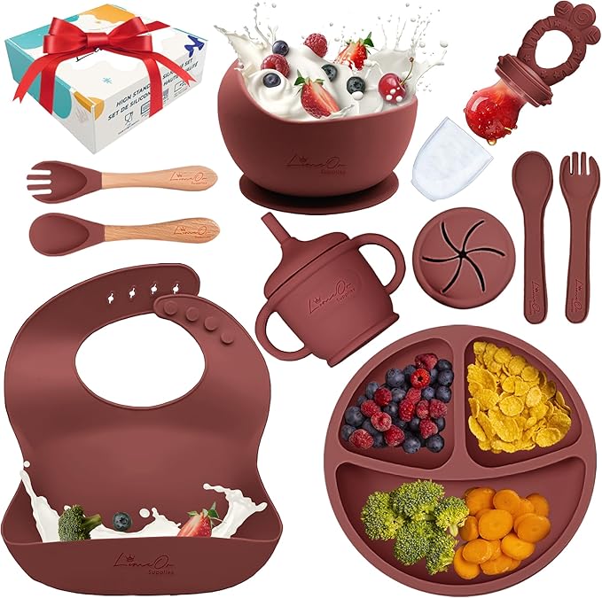 Silicone Baby Feeding Set – 10 Pcs Baby Led Weaning Supplies & Self Feeding Kit | Toddler Plates and Bowls Set, Bib, Fruit Feeder, Cup, Spoons & Forks – Empower Independence with LimeOr - Red-Wine