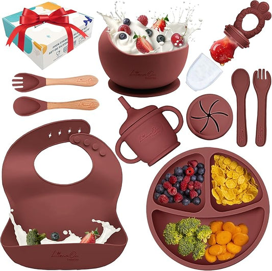 Silicone Baby Feeding Set – 10 Pcs Baby Led Weaning Supplies & Self Feeding Kit | Toddler Plates and Bowls Set, Bib, Fruit Feeder, Cup, Spoons & Forks – Empower Independence with LimeOr - Red-Wine