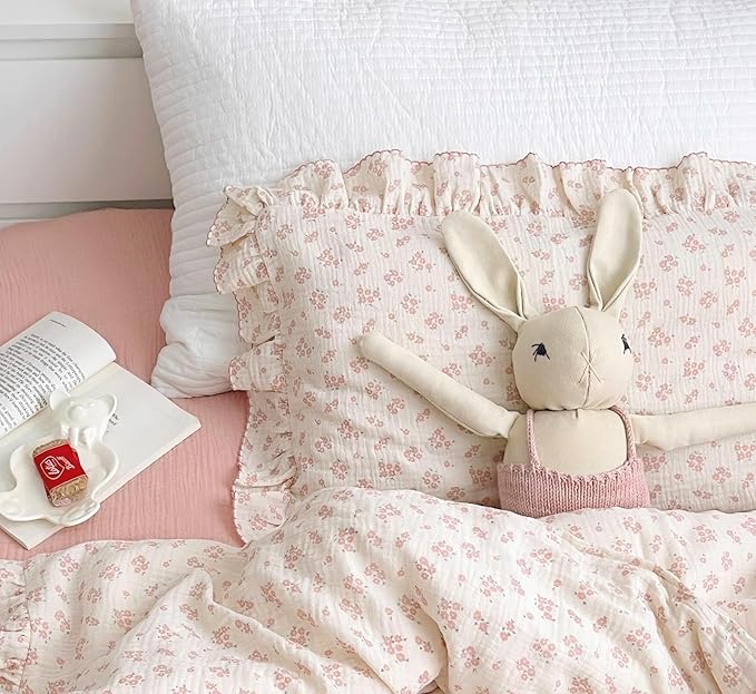 BuLuTu Cotton Muslin Kids Toddler Pillowcase with Galsang Flowers Print, Shabby Chic Nursery Pillowcases with Ruffle Edge, Boys Girls Soft Travel Pillow, Durable Pillow Cover 14"x20", 1 Piece