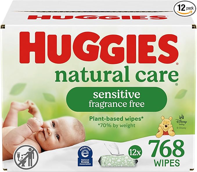 Huggies Natural Care Sensitive Baby Wipes, Unscented, Hypoallergenic, 99% Purified Water, 12 Flip-Top Packs (768 Wipes Total), Packaging May Vary