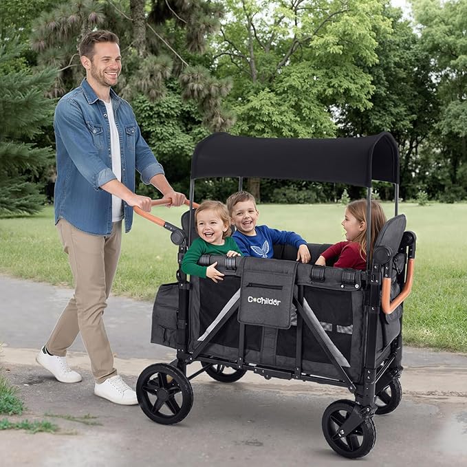 Premium 4-Seater Wagon Stroller for Kids, All-Terrain Heavy Duty Stroller Wagon with 300lb Capacity, 1-Hand Fold, High Seats with 5-Point Harness, Adjustable Canopy & Handlebars, Dark Gray