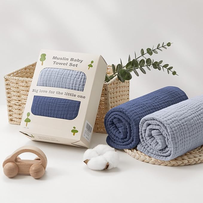 Susurration Hooded Baby Towels for Newborn 2 Pack 100% Muslin Cotton Towel for Babies，Highly Absorbent and Newborn Essential 30x30 Inch (Blue)