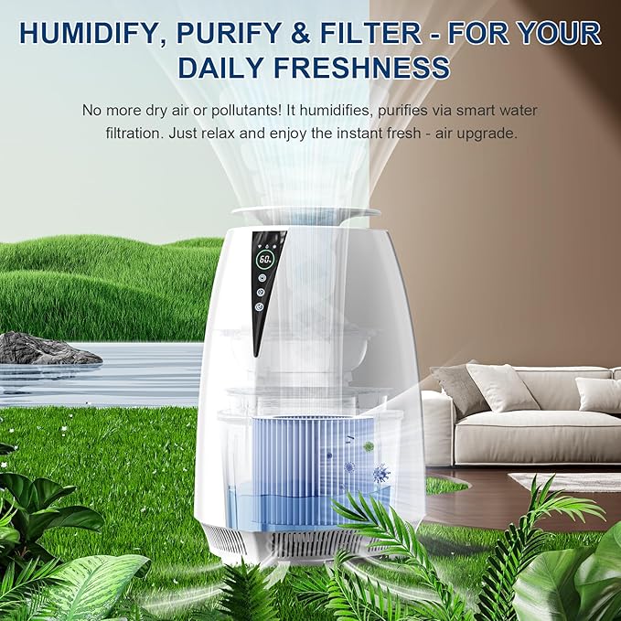 Humidifiers for Bedroom Large Room, 5L No Mist Humidifier for Baby Plants Quiet Top-Fill Air Purifiers Air Cleaner, Tap Water Use, Last 12-Hour, Remote & LED Touch Control & APP Control