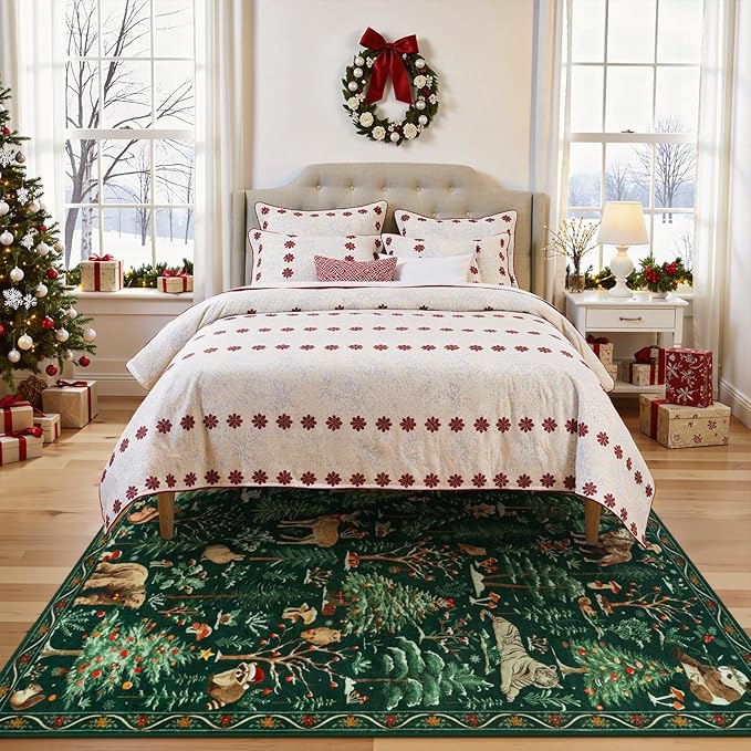OJIA Christmas Area Rug 5x7 Washable Rugs for Living Room, Green Animal Bedroom Carpet Ultra-Thin Non-Slip Nursery Rug, Xmas Holiday Rug Indoor Carpet for Kids Playroom Entryway Dining Room