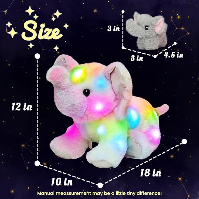Hopearl LED Plush Colorful Elephant Light up Stuffed Mommy Elephant with 3 Baby Elephish in her Tummy Floppy Stuffed Animal Playset Night Lights Glow in The Dark Birthday Gifts for Toddlers, 18''