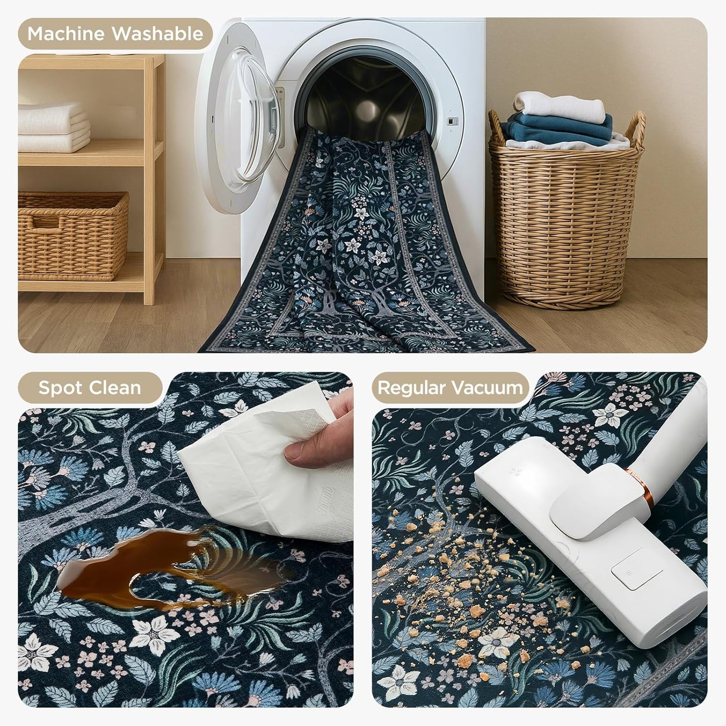 Joydeco Machine Washable Area Rugs 5x7, Boho Floral Rug for Bedroom Non Slip, Soft Forest Botanical Low-Pile Floor Indoor Throw Carpet for Living Dining Room Dorm Office, Blue-Black