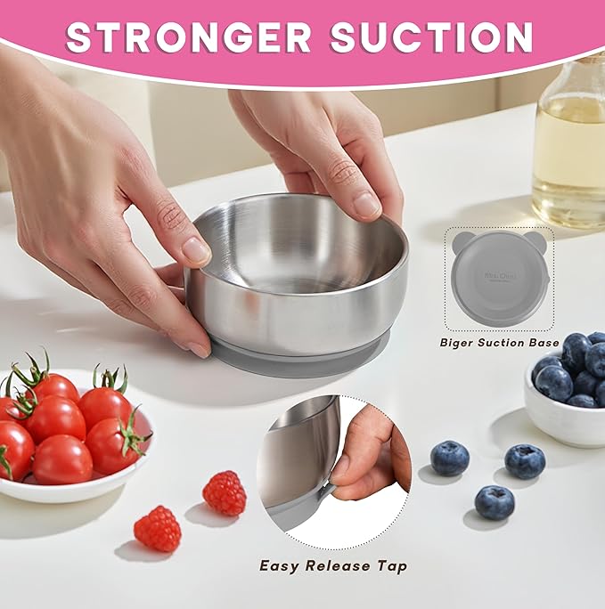 BPA-Free 100% Food-Grade Stainless Steel Baby Bowls with Suction Toddler Bowl Double-Layer Insulated Kids Bowls with Non-Slip Silicone Suction Cup Infant Bowls with Spoon Airtight Glass Lids Gray
