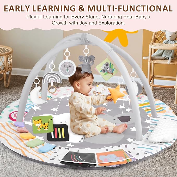 Baby Play Gym & Activity Mat, Tummy Time Mat with Tummy Time Pillow 7 Detachable Sensory Toys and Educational Cards for Motor Skills & Sensory Development, Baby Essentials Shower Gift, Grey Koala