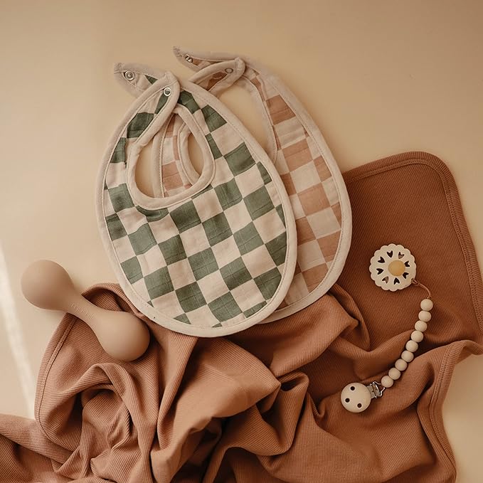 mushie Muslin Baby Bib | Soft Cotton for Infant Drips, Drools & Feedings | Adjustable Fit | 2 Pack